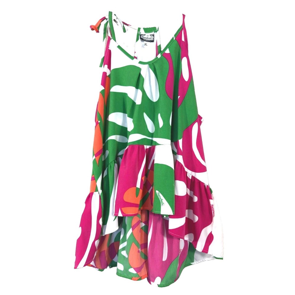Manuhealii Hawaii XL Asymmetric Ruffle Top Monstera Pink Green Halter Blouse